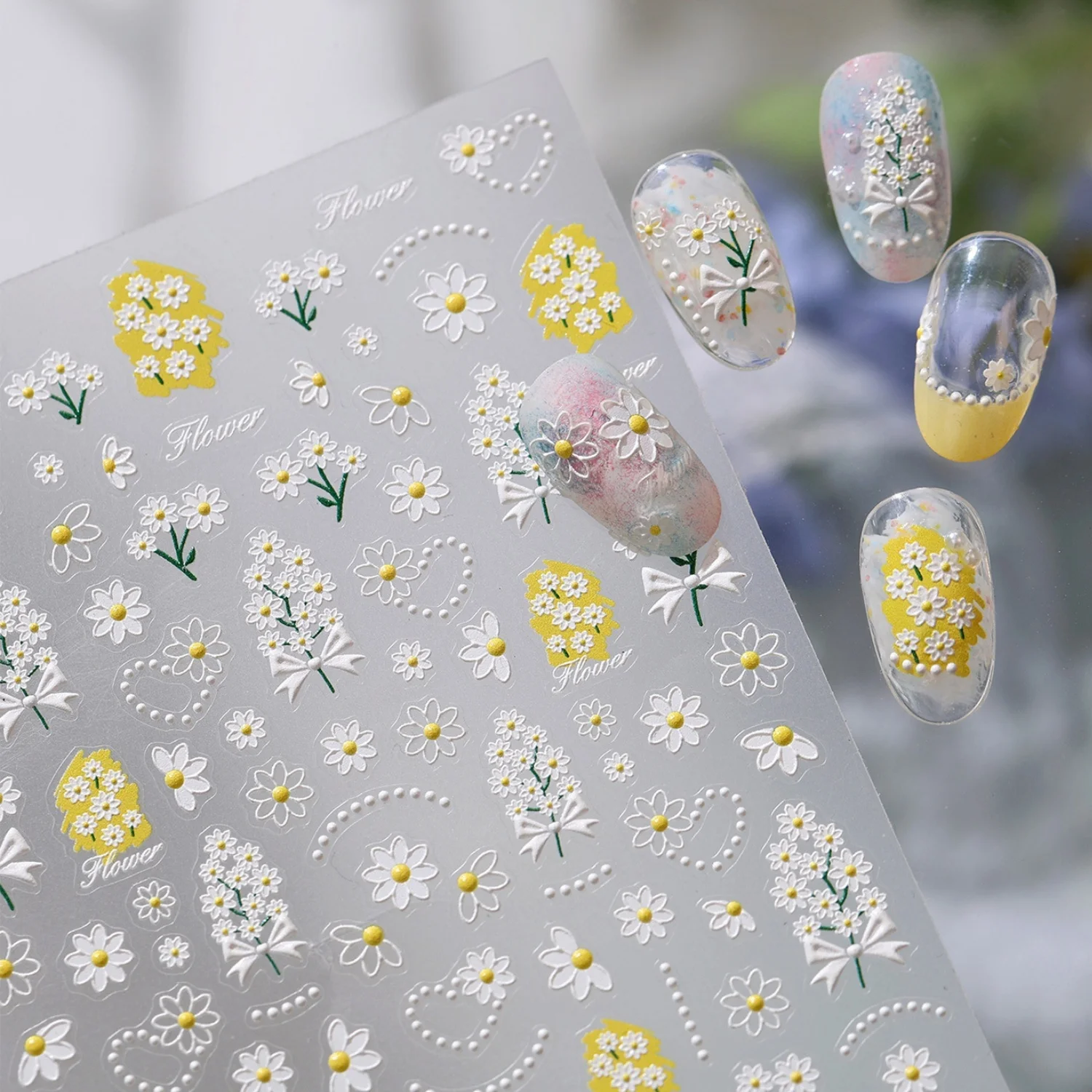Flower 5D Nail Art Stickers White Daisy Bouquet Yellow Flower Center Floral Cluster Vine Twig Self Adhesive Decals Accessorie