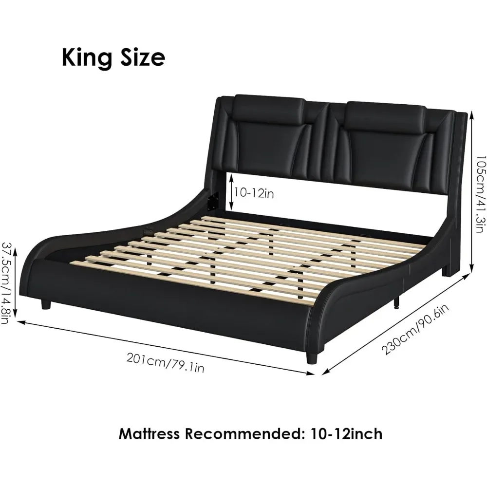 Upholstered Bed Frame with Adjustable LED Headboard, Pu Leather Platform Bed with  Curve Design and Solid Wooden Slats Support