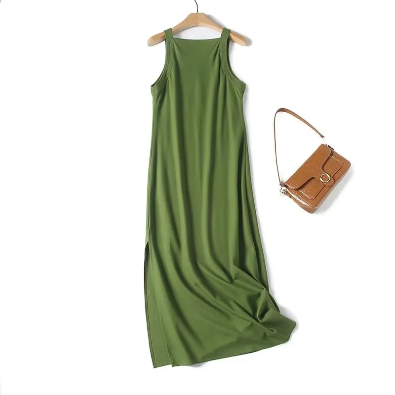 Tangada 2024 Women Green Cotton Linen Tank Dress Female Long Dresses 4C016