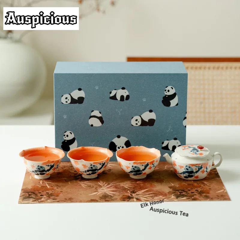 Hand-painted Maple Leaf Panda Han Bell Tea Set Complete Set Elegant Tea Ceremony Set Teapot And Tea Cup Set Tea Service Ornament