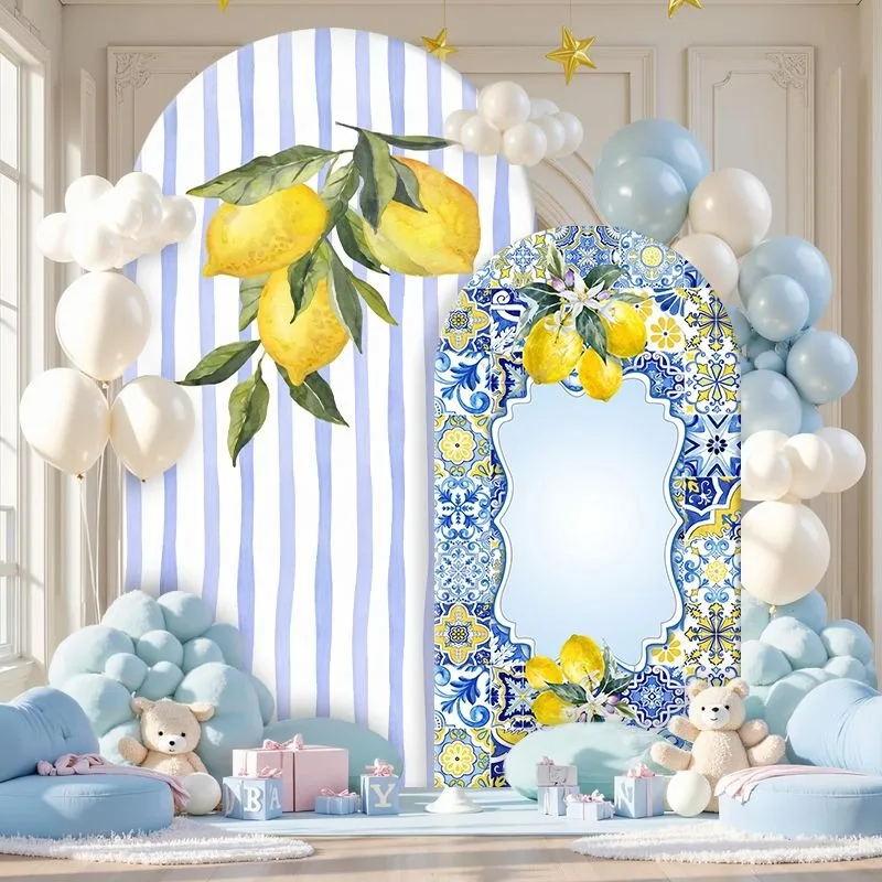 Elastic Double-layer Arch Backdrop Cover Lemon Garden Themed Backdrop Panels Set for Party Decorations Featuring Blue Yellow