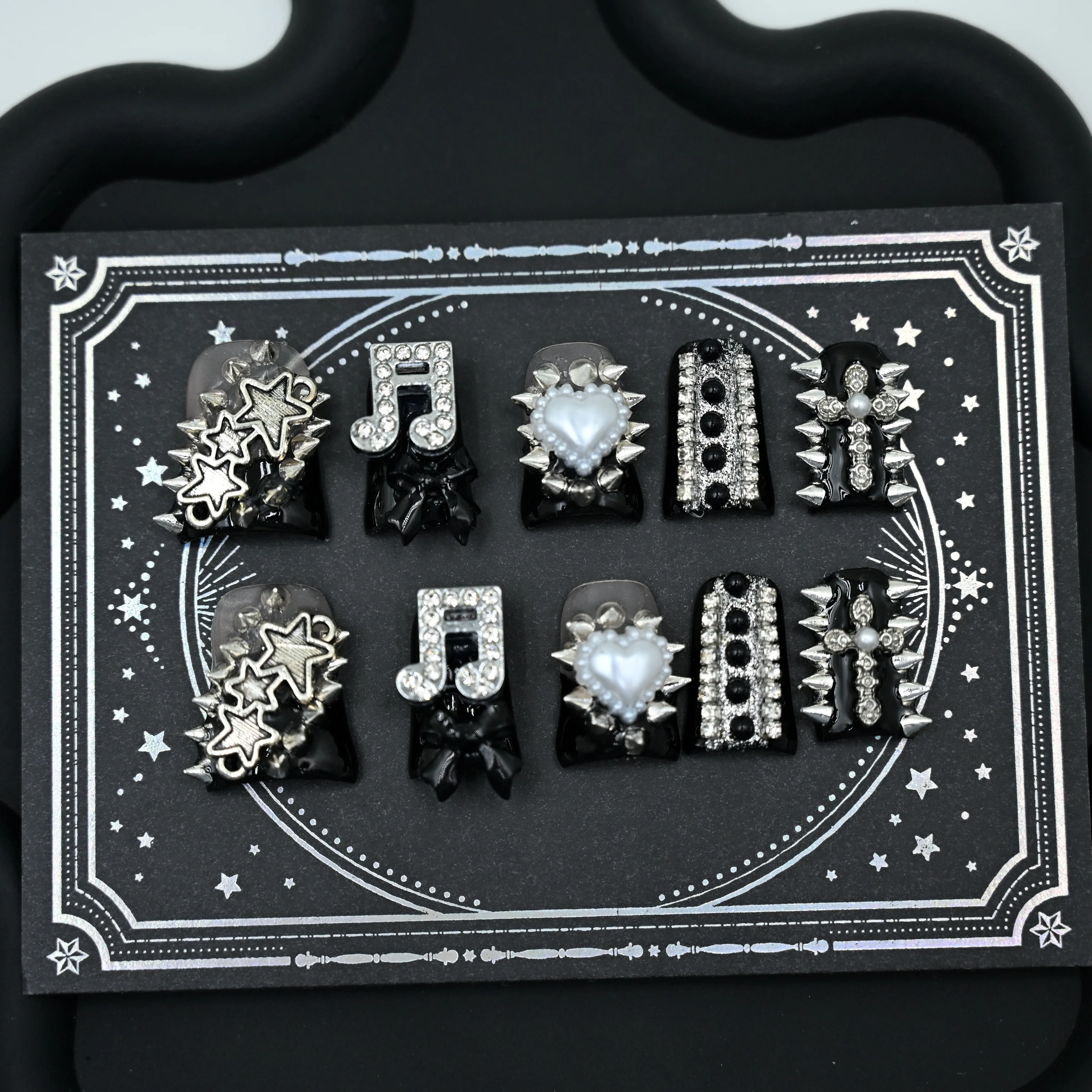 

Spiked Heart Duck Tip Press On Nails 10 Pcs, Handmade Black Chrome Nails With 3D Hearts, Spikes & Stars, Punk Glam Statement
