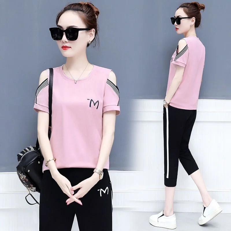 Women\'s Casual Suit Summer 2023 New Loose Sports Clothes Korean Short Sleeve T-shirt Capris Pencil Pants Two Piece Set For Women