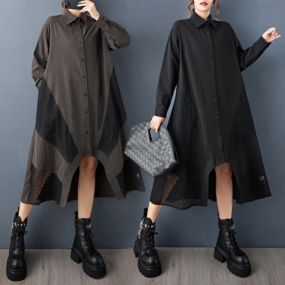 NYFS Abito camicia patchwork in rete vintage allentato taglie forti Autunno 2025 Abito da donna a maniche lunghe