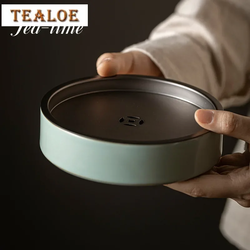 

Retro Ru Kiln Tin Cover Pot Bearing Ceramic Water Storage Tray Kung Fu Tea Dry Brewing Table Retro Azure Porcelain Tea Ceremony