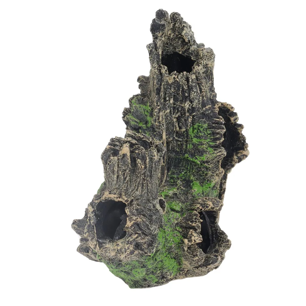 Multi-Cavity Hollow Aquarium Tree Stump Decor Single Molded Resin Textured Surface Fish Tank Cave Ornament Green Color Patches
