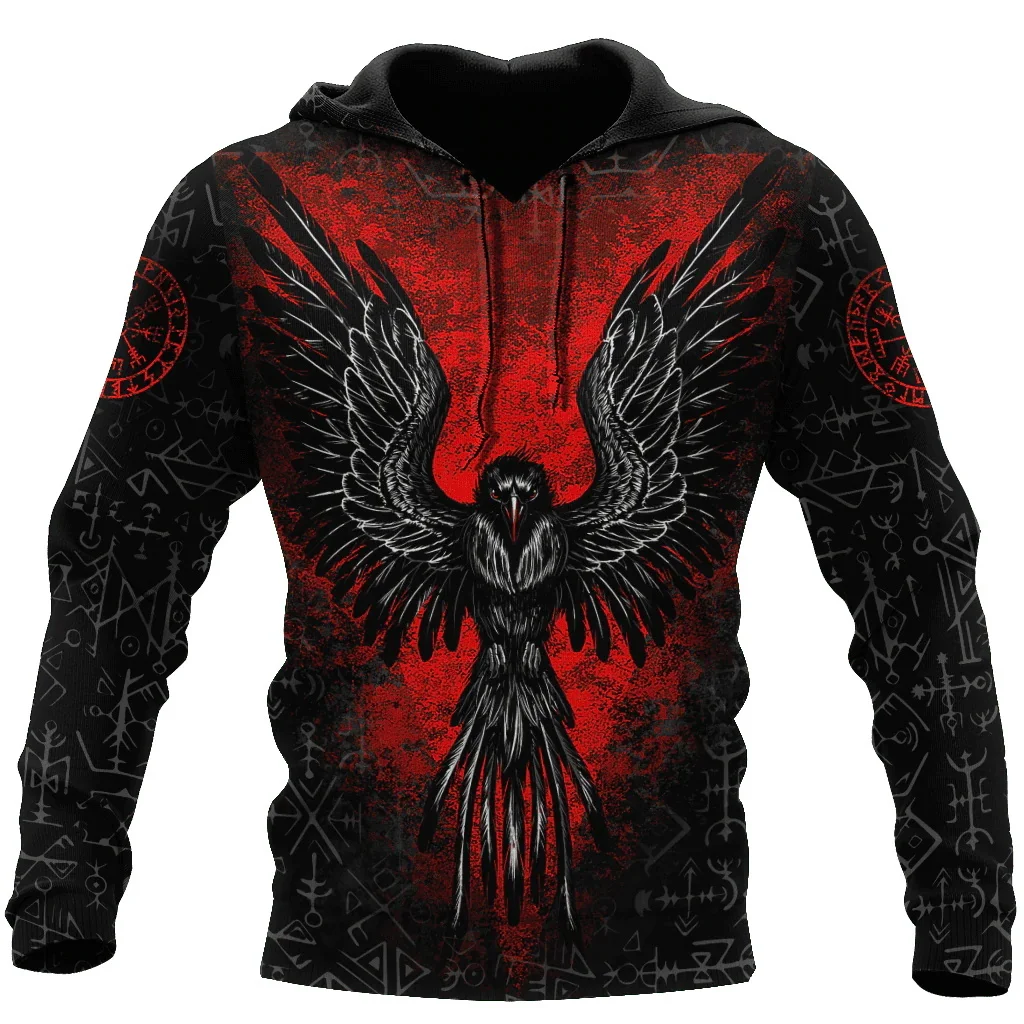 Boy dövme iskelet çapraz korku kırmızı 3D baskılı erkek Hoodie kazak rahat eşofman Raven kötü kurt hayvan giyim