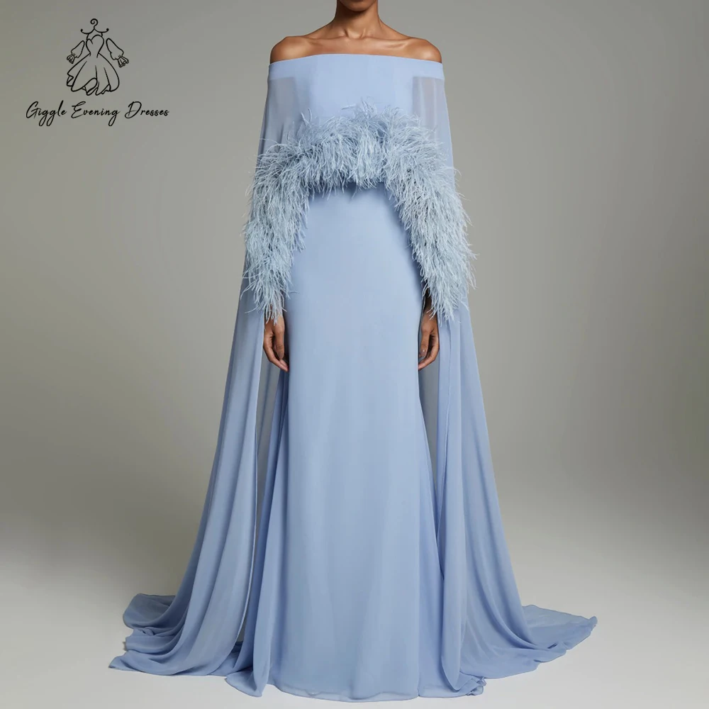 Abiti da ballo da donna con mantella elegante Abito da sera con spalle scoperte in piume di lusso Abito lungo da festa senza spalline a sirena in chiffon personalizzato