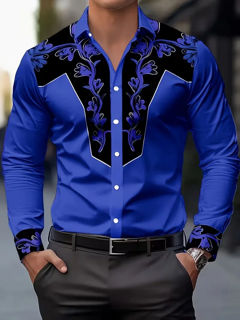 Modisches bedrucktes Herrenhemd, Denim-Stil, modischer Blumendruck, lässiges Button-Down-Langarmhemd für Herren