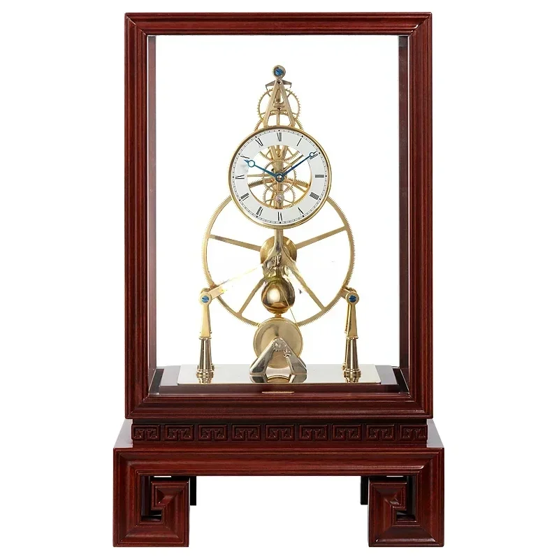 

Настольные маятниковые часы для гостиной, креативные, с большим круглым колесом, механические, с видимыми шестернями, из массива красного дерева/эбенового дерева