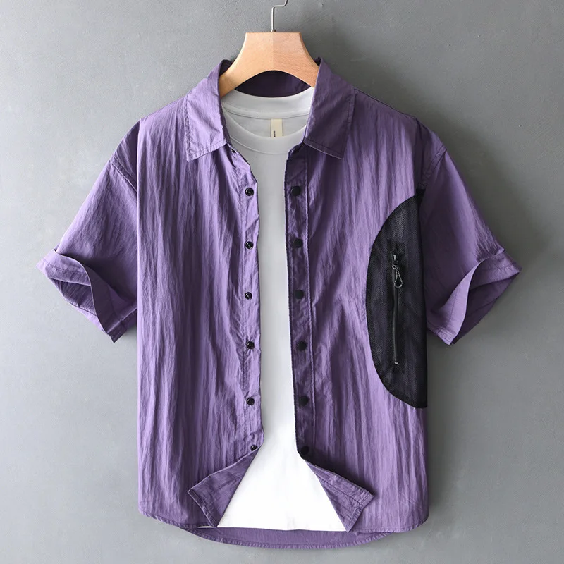 American style trendy Japanese retro men's fashionable loose mountain outdoor color blocked collared short sleeved shirt