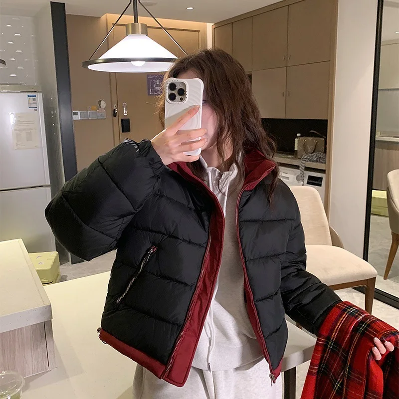 Giacca reversibile imbottita in cotone per donna Colletto rialzato invernale Cappotto spesso in colore a contrasto Giacche calde moda casual coreana