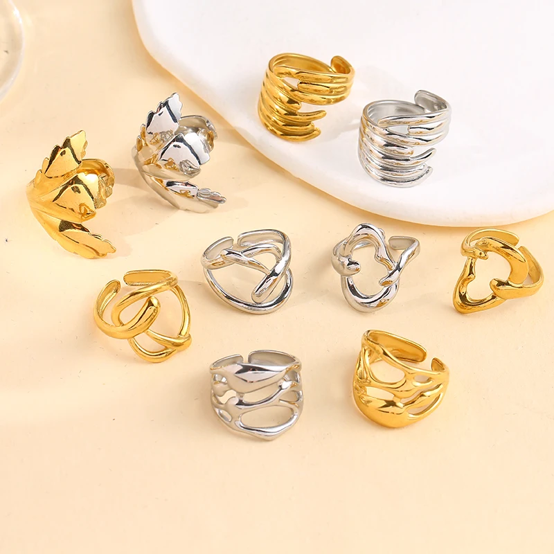 Trendy Gold Silver Color Stainless Steel Retro Leaf Geometric Multi-Layered Lines Hollow Open End Ring Women Personality Jewelry