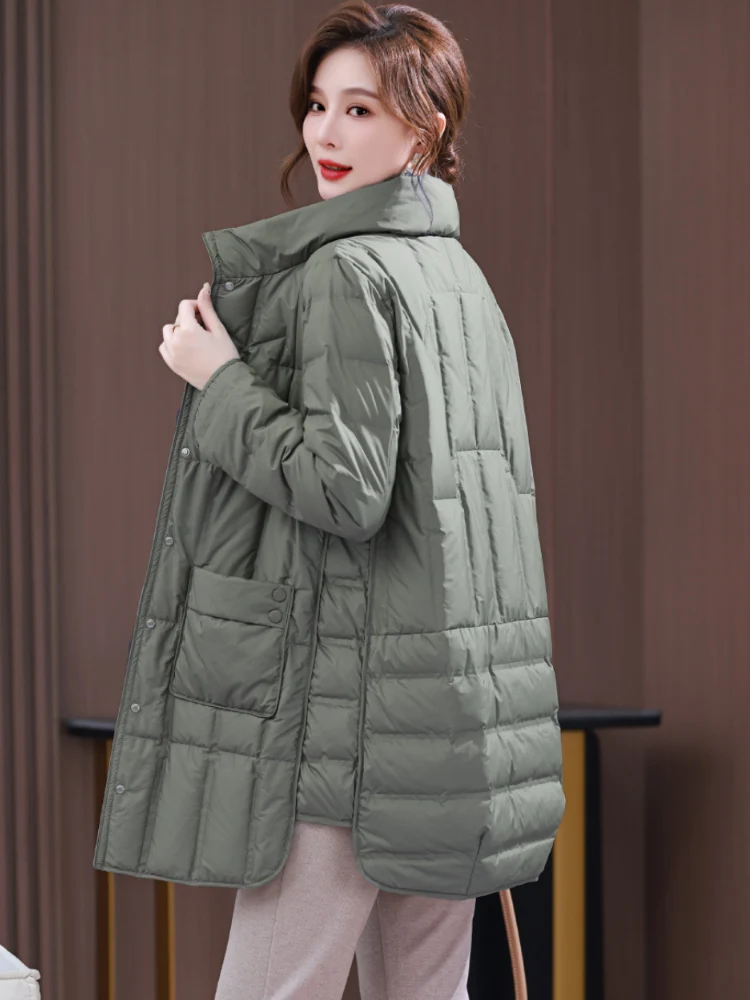 2024 Winter New Fashion Women Down Suit Standing Neck Mid Length LooseThickened White Duck Down Lightweight Coat Casual Women