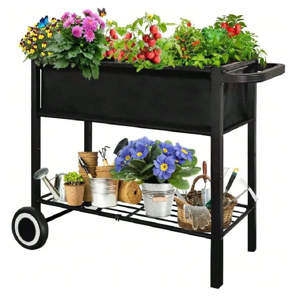

Garden Bed With Legs For Outdoor Plants, Standing Elevated Planter Box Cart On Wheels For Vegetables Flower Herb Patio, Black,3