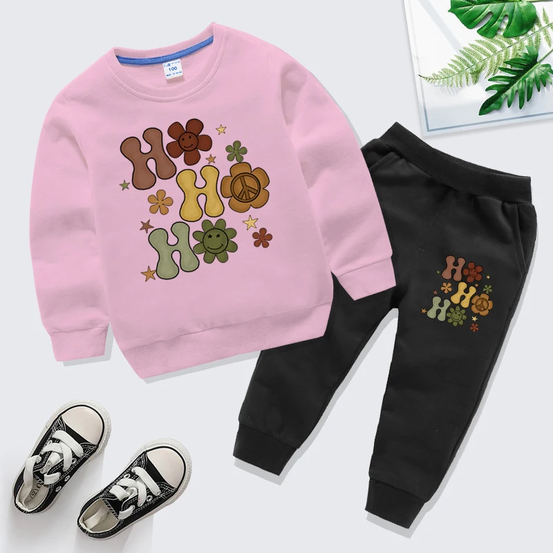 

Cartoon Christmas Style Children's Sweatshirt Suit HO Flower Pacifism Print Pullover Pants 2pc Set Fashion Boys Girls Tracksuits