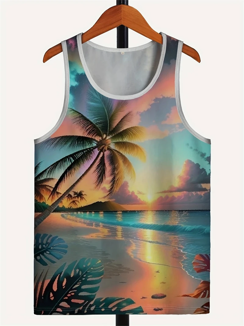 

Summer New Casual 3D Printed Mens Sleeveless T-shirt Hawaiian Style Mens Fashionable Round Neck Vest Outdoor Beach Mens Vest