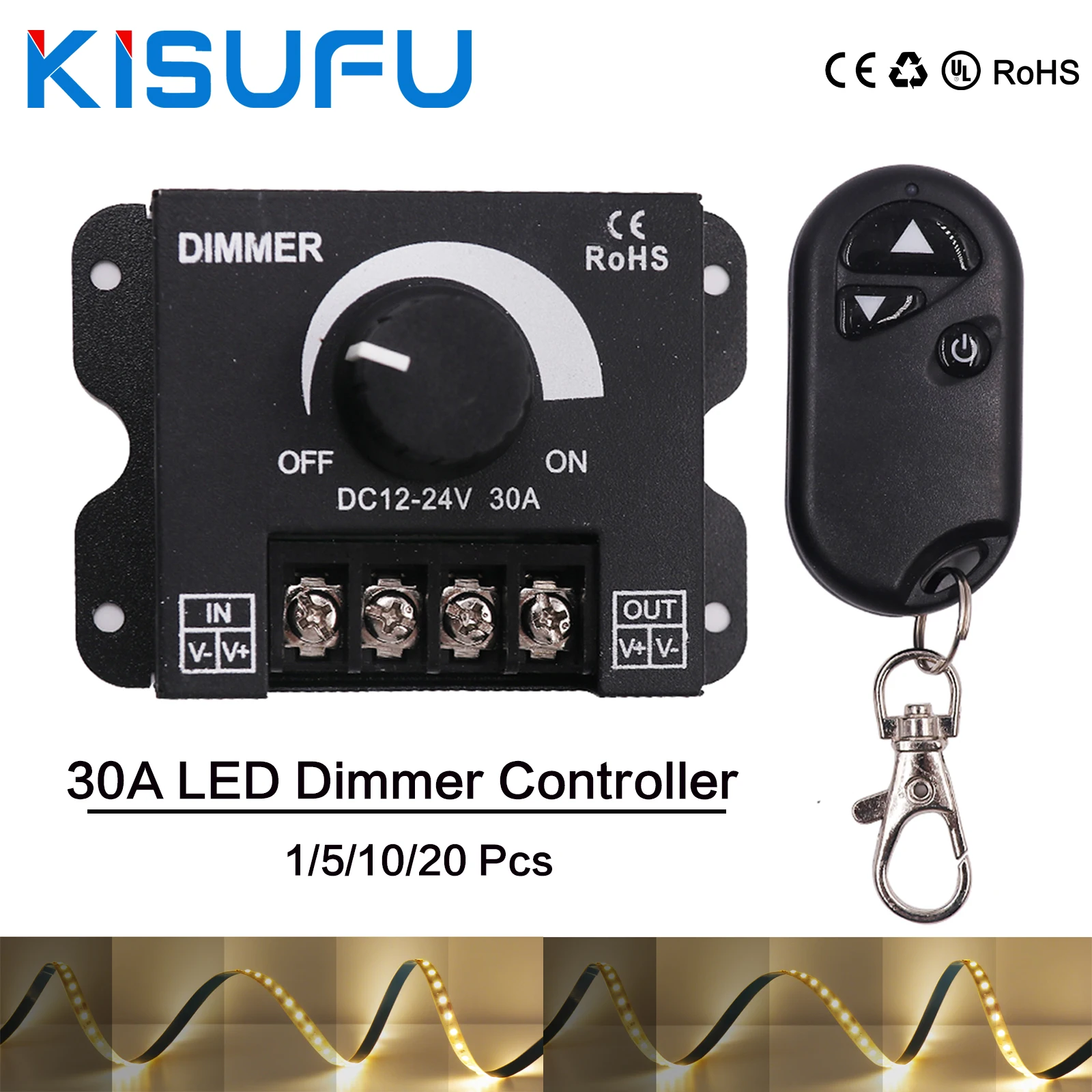 

30A LED Dimmer Controller DC12-24V for LED Single Color Lighting String Strip 360W Manual Dimming With 3 Key RF Wireless Remote