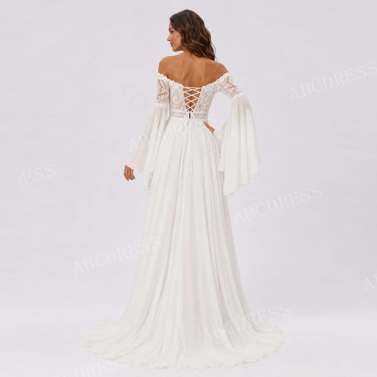 ABCDRESS Customized Elegant Lace Applique Bridal Gown Chiffon A-Line Wedding Dresses Sheer Long Bell Sleeves Lady Dress