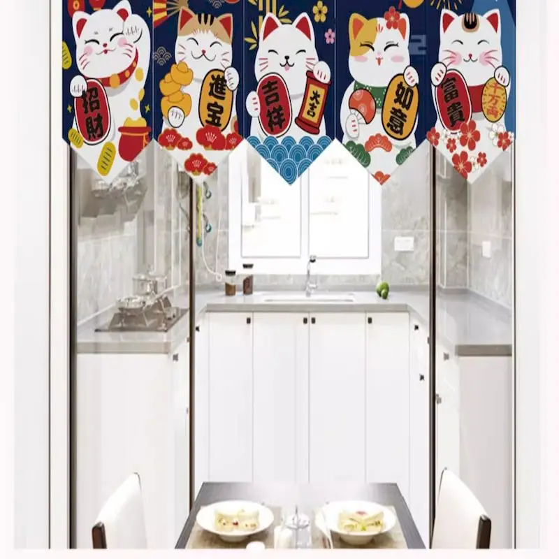 VIKAMA Maneki Neko Navy Triangle Curtain, 6 Designs, Doorway Decor for Bedroom Living Room Kitchen