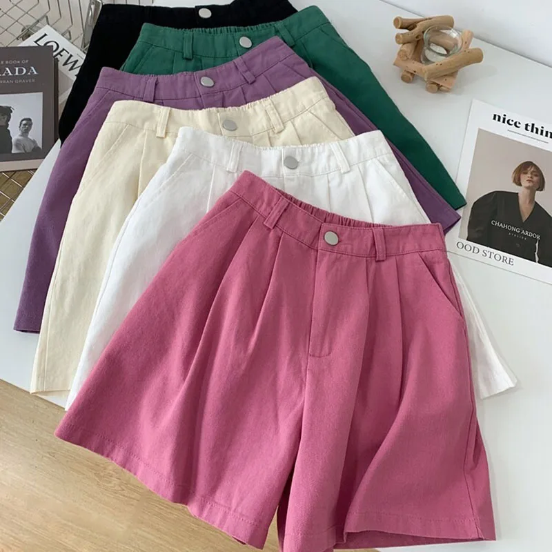 

Women Casual Shorts A-line High Waist Button Decoration Loose Solid Color Simple Comfortable Versatile Sports Wide Leg Shorts