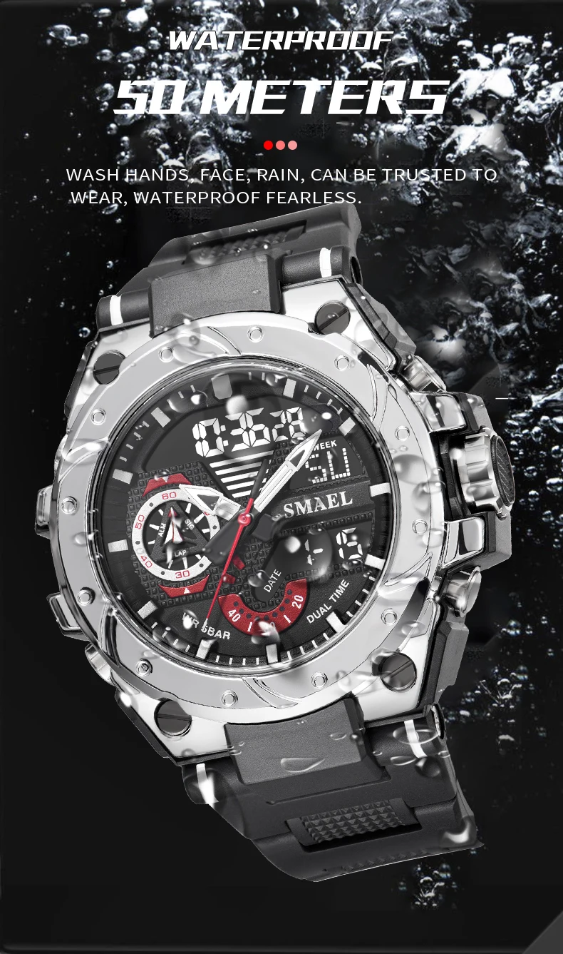 SMAEL 8060 Dual Display Military Watch for Men - 50M Waterproof LED Alarm Chronograph Stopwatch Shock Resistant
