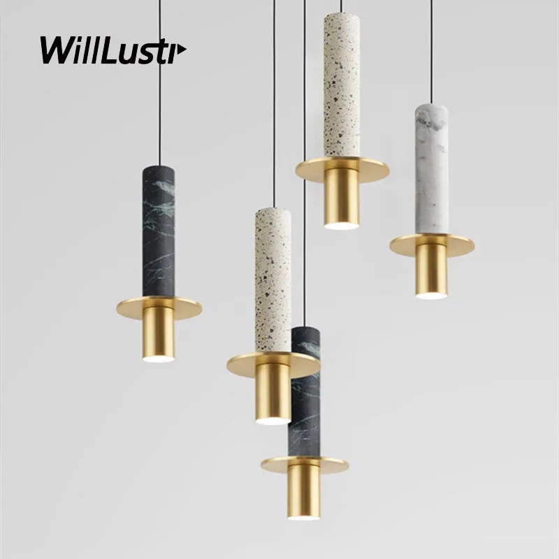 

Cylindrical Marble Pendant Lamp Terrazzo Suspension Light Hotel Bar Cafe Living Dining Bedroom Metal Hanging Ceiling Chandelier