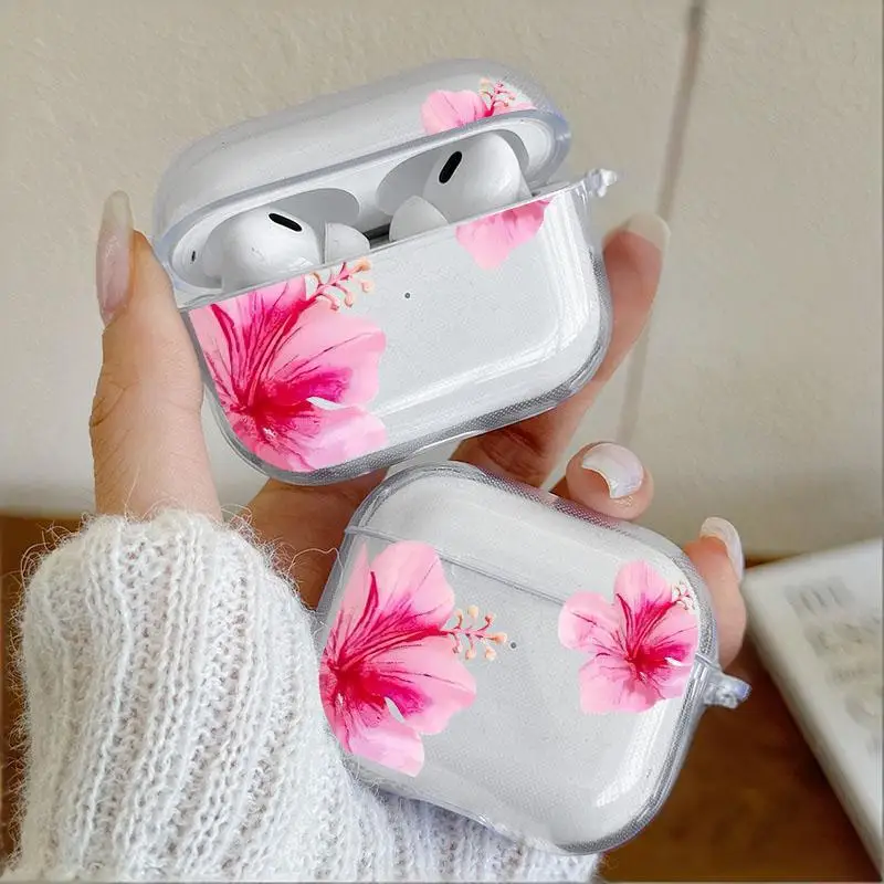 

Pink Hibiscus Flower Clear Earphone Case for Airpods 4th 3rd 2 Pro 3 Silicon Cover for Airpod 2 3 1 Protective Accessorie Shell