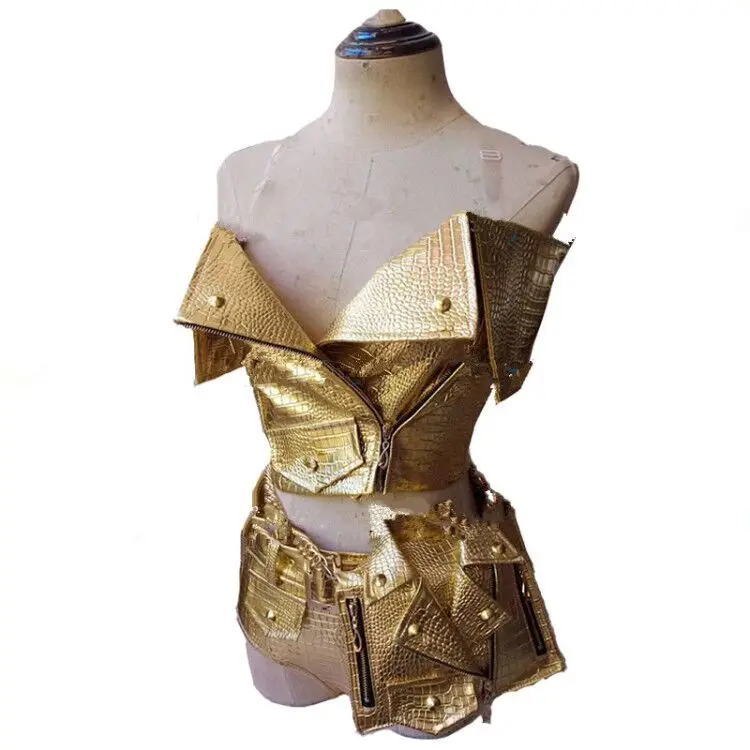 

Sexy Golden punk style stage costume set Snakeskin turtleneck costume Nightclub DJ DS bar rave female singer gogo dance outfit