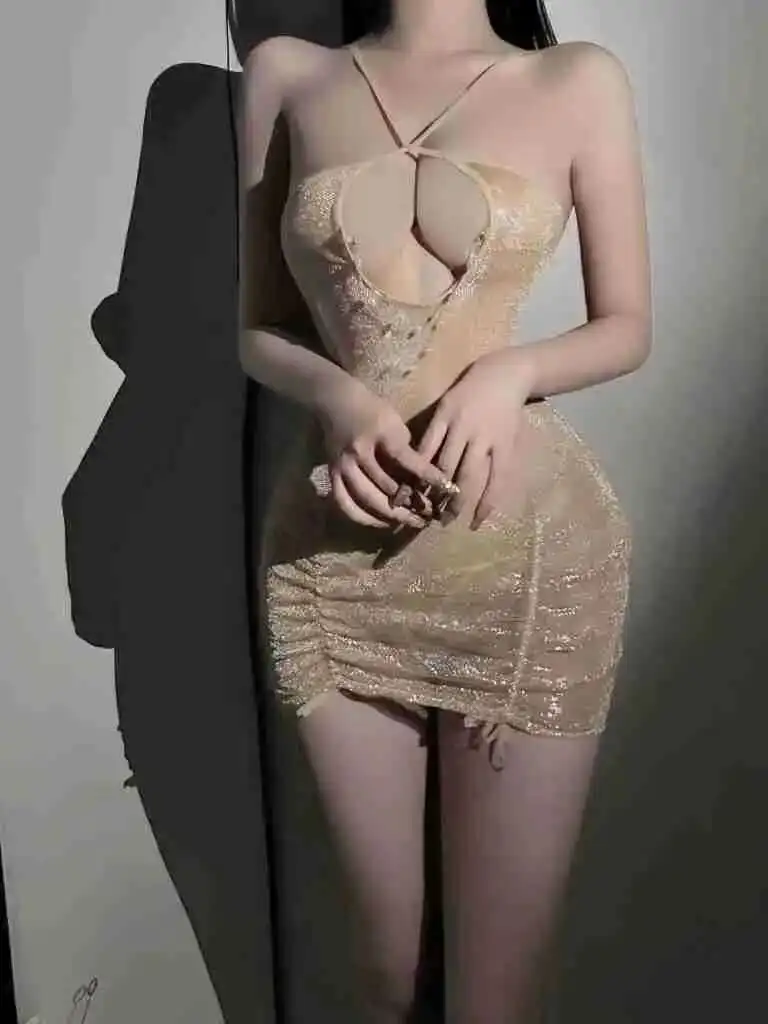 Cross Suspender Sexy Sheer Mermaid Slim Hip Hugging Nightgown Short Dress Gold Hot Sexy Nightclub Uniform Dress Elegant ISI7