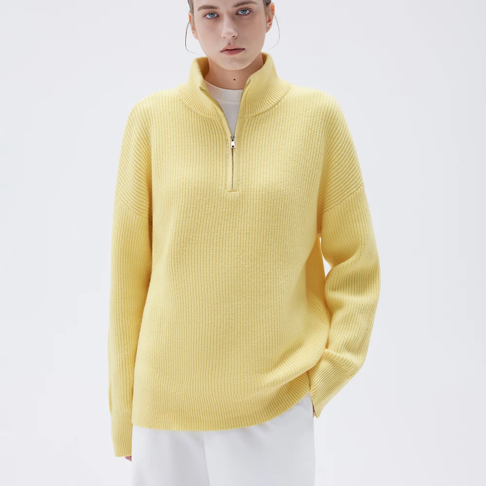 

Autumn Winter Women's Knitted Sweater Oversize High Collar Yellow Knitwear Vintage Pullover Zipper Soft Warm Sweaters for Women