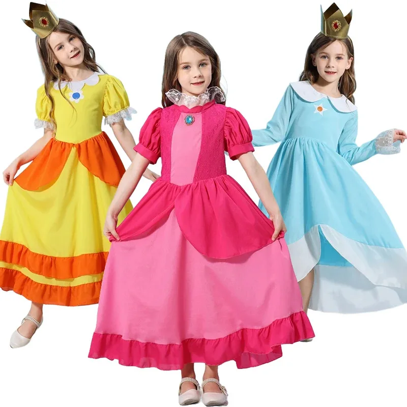 XT8Peach Rosalina Meninas Daisy Cosplay Roupas Crianças Halloween Dress Up Roupas Verão Lace Applique Princesa CostuXT6@!