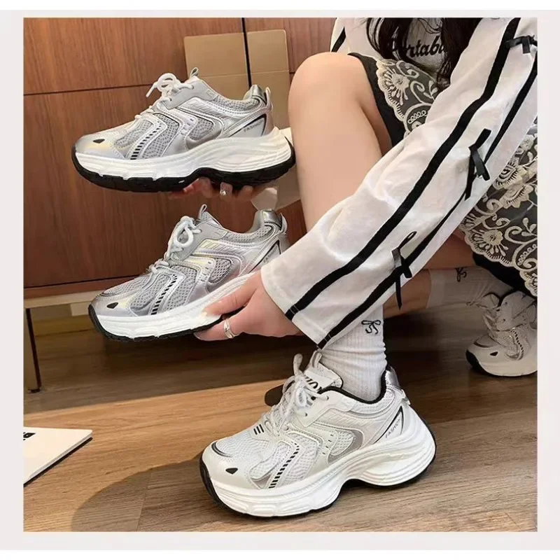 Korean Style Women's Mesh Platform Dad Sneakers 2026 Spring Breathable Lace-Up All Mat Trendy Streetwear Footwear