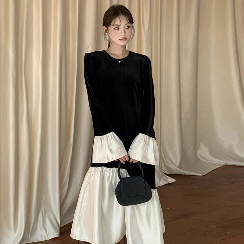 

South KoreachicAutumn French Style Gentle Round Neck Patchwork Irregular Ruffle Loose Casual Velvet Dress