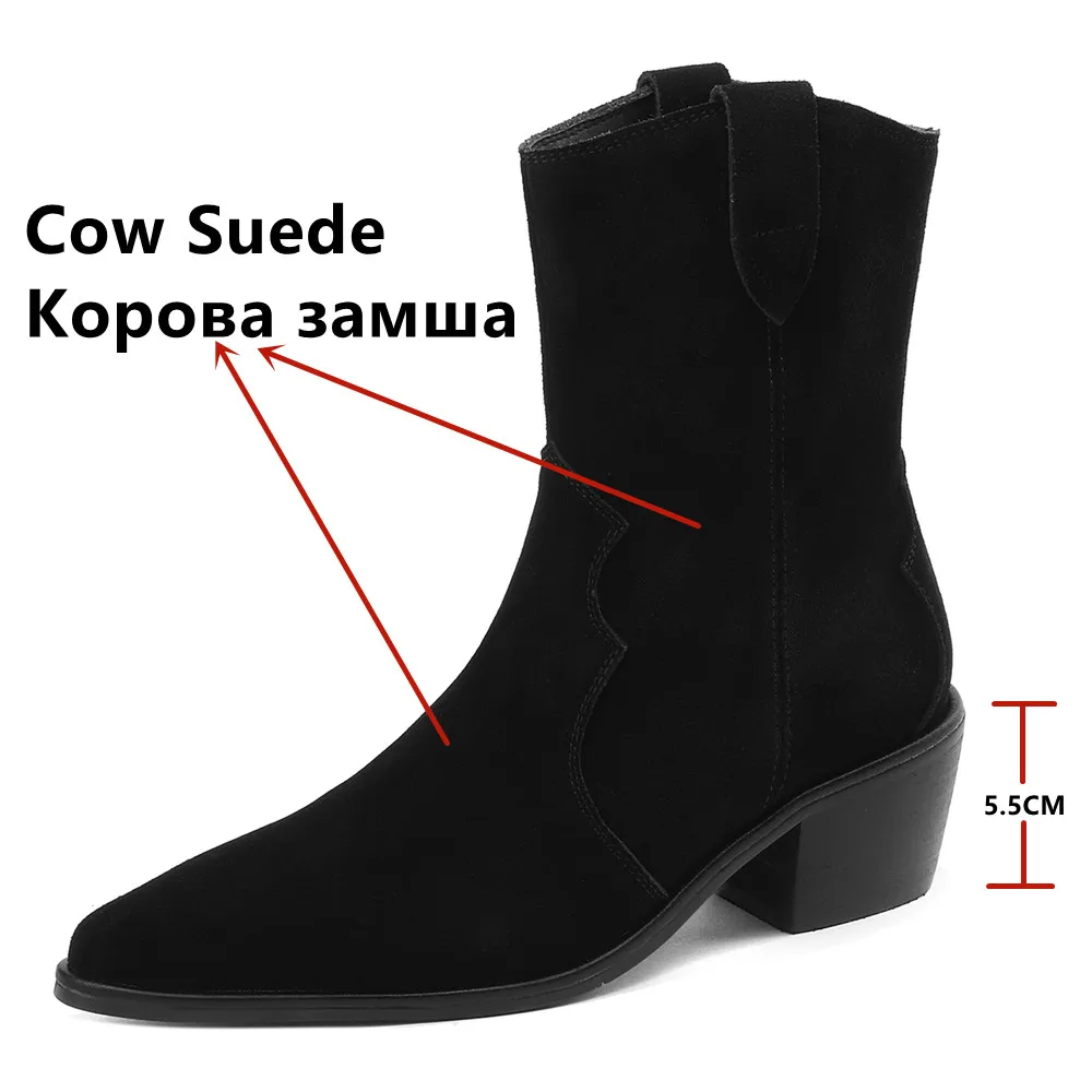 FEDONAS Retro Western damskie krótkie buty skóra zamszowa spiczasta buty z palcami kobieta biurowa damska pracująca botki jesień zima