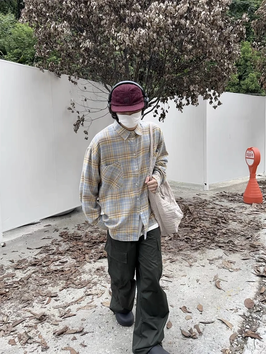 

Американский аккордеон в стиле ретро Fce Plaid Long Sve irt Свободная повседневная универсальная парная ткань из смеси хлопка Chec...