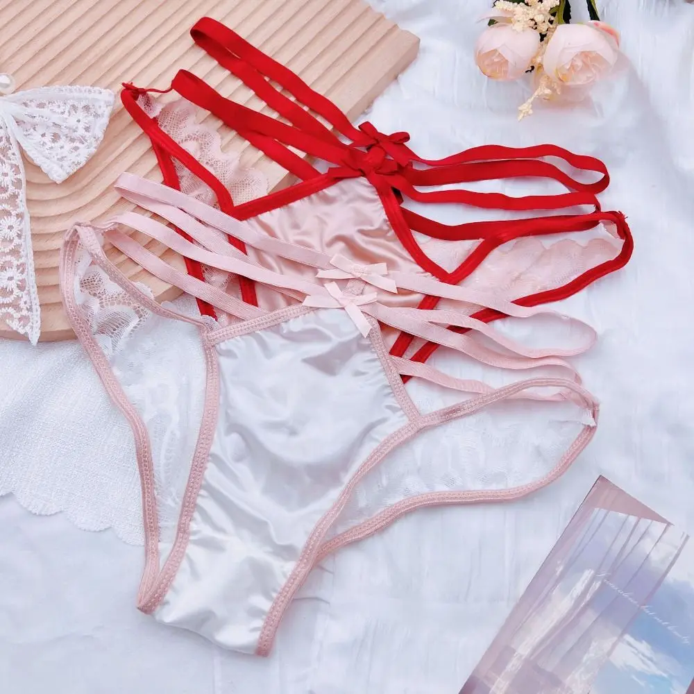 Light Luxury Hollowed-out Women's Underwear Mid Waist Satin Silk Lace Bow Panties Lingerie Thin Strap Mesh Briefs Honeymoon