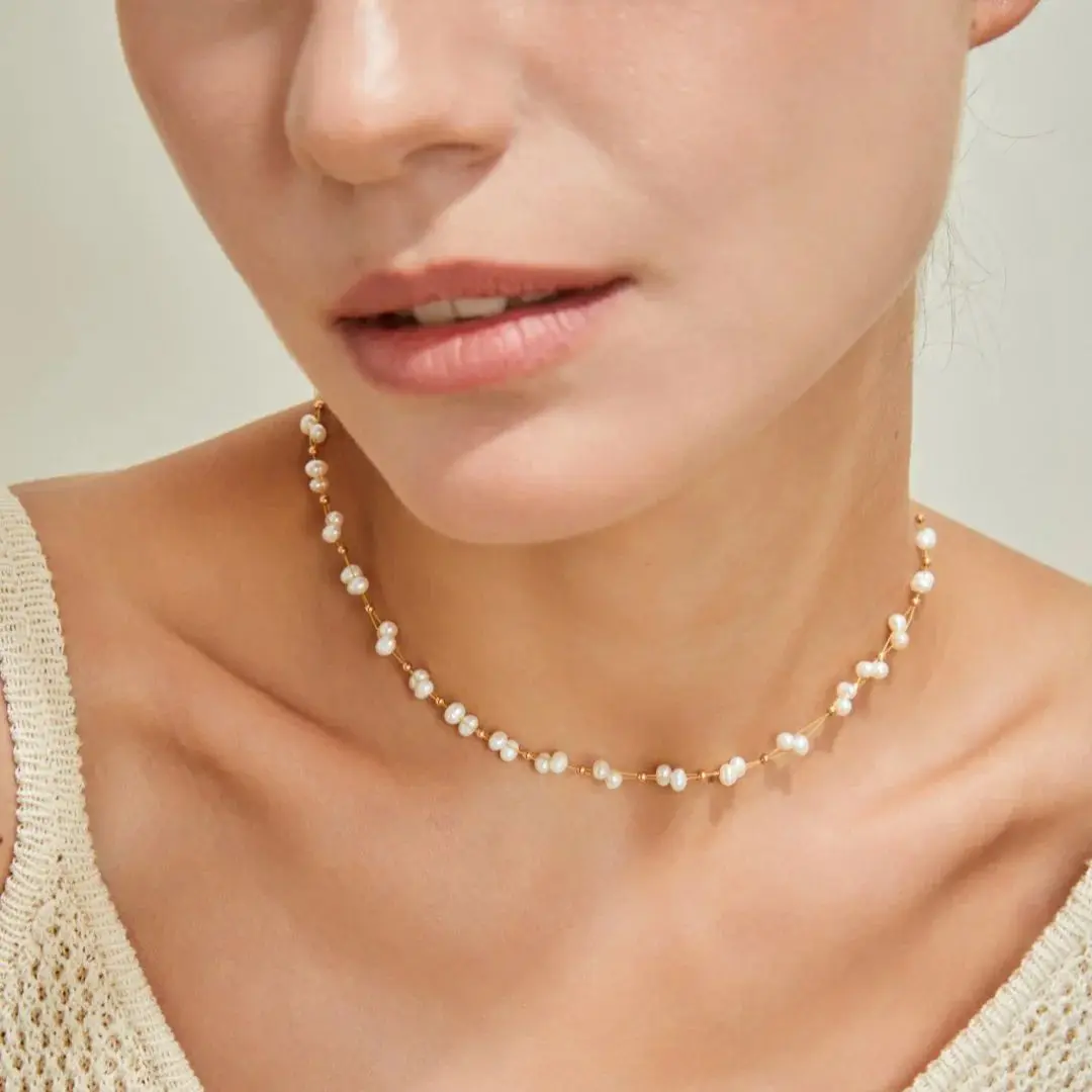 

Chic Natural Freshwater Pearl Choker Necklace With 18k Gold Plated Beads Fashion Pearl Jewelry For Women Christmas Gifts