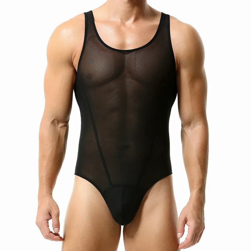 New Men's One-Piece Vest Wrestling Suit Bottom Fitness Swimming Shark Pants Mesh Jumpsuit