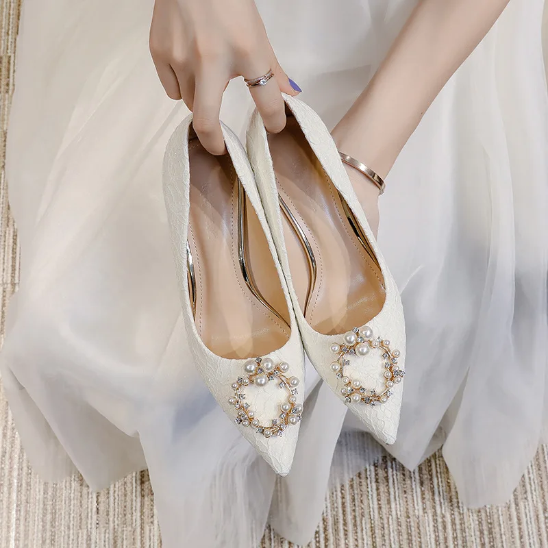 fashion sexy Women Pumps PU 6CM Thin high heels Pointed Toe Slip-On String Bead fashion Solid Party Wedding Shoes white