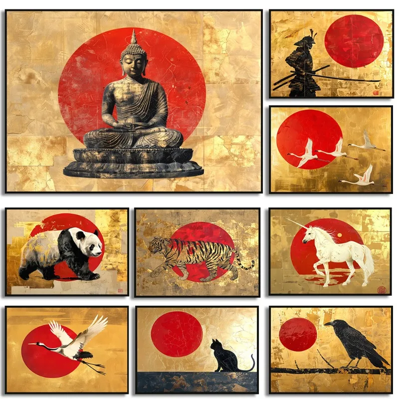 Japanese Sun Buddha Samurai Birds Animal Red and Gold Posters and Prints Canvas Printing Wall Art Picture for Living Room Decor