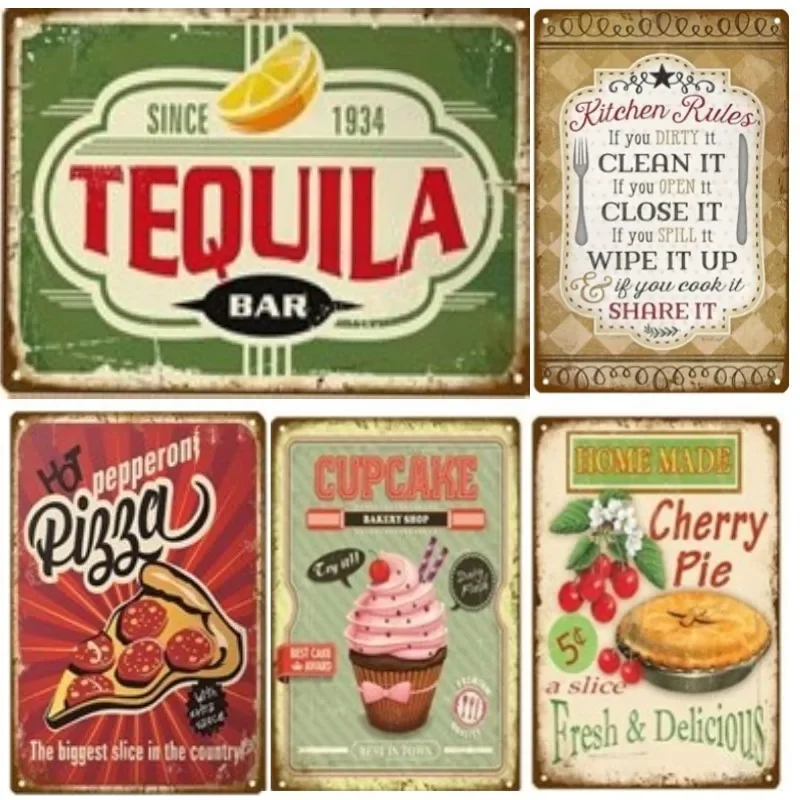 Tequila Pizza Metal Tin Signs Poster Vintage Wall Art Iron Plate Painting for Room Decoration Pub Bar Fast Food Shop Plaques