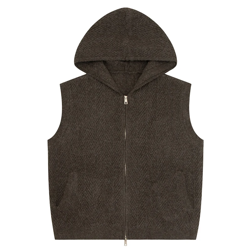 

Men’s Hooded Knit Vest Sleeveless Zipper Sweater Jacket Casual Warm Wool Blend Outerwear with Pockets Winter Streetwear Tops