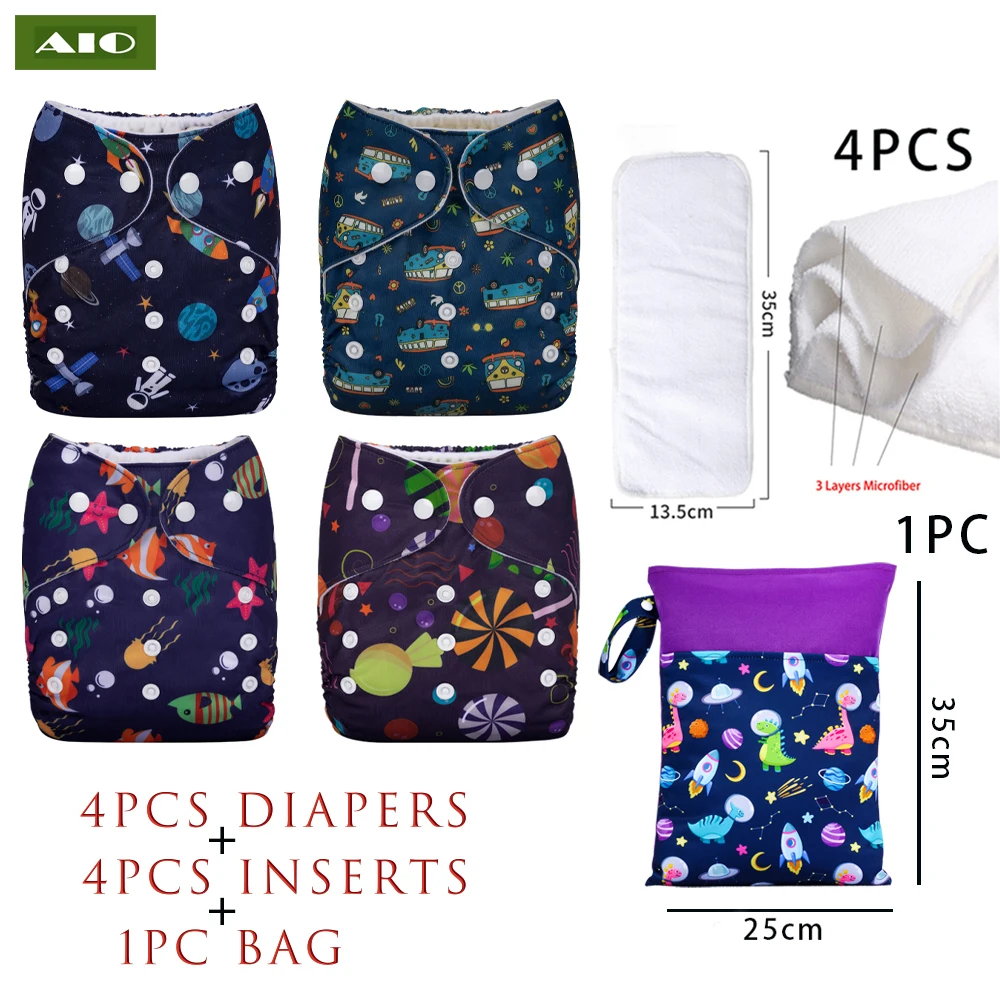 

[AIO] 4 diapers+4 Inserts + 1 Wet Bag Infant Pocket Diaper Reusable Ecological Waterproof Eco Nappy Baby Cloth Diaper Fit 3-15KG