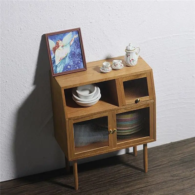 1 قطعة 1/12 دمية مصغرة مقلد خزانة خزائن خزانة صغيرة أثاث بيت الدمى الخشبي نموذج الجوز