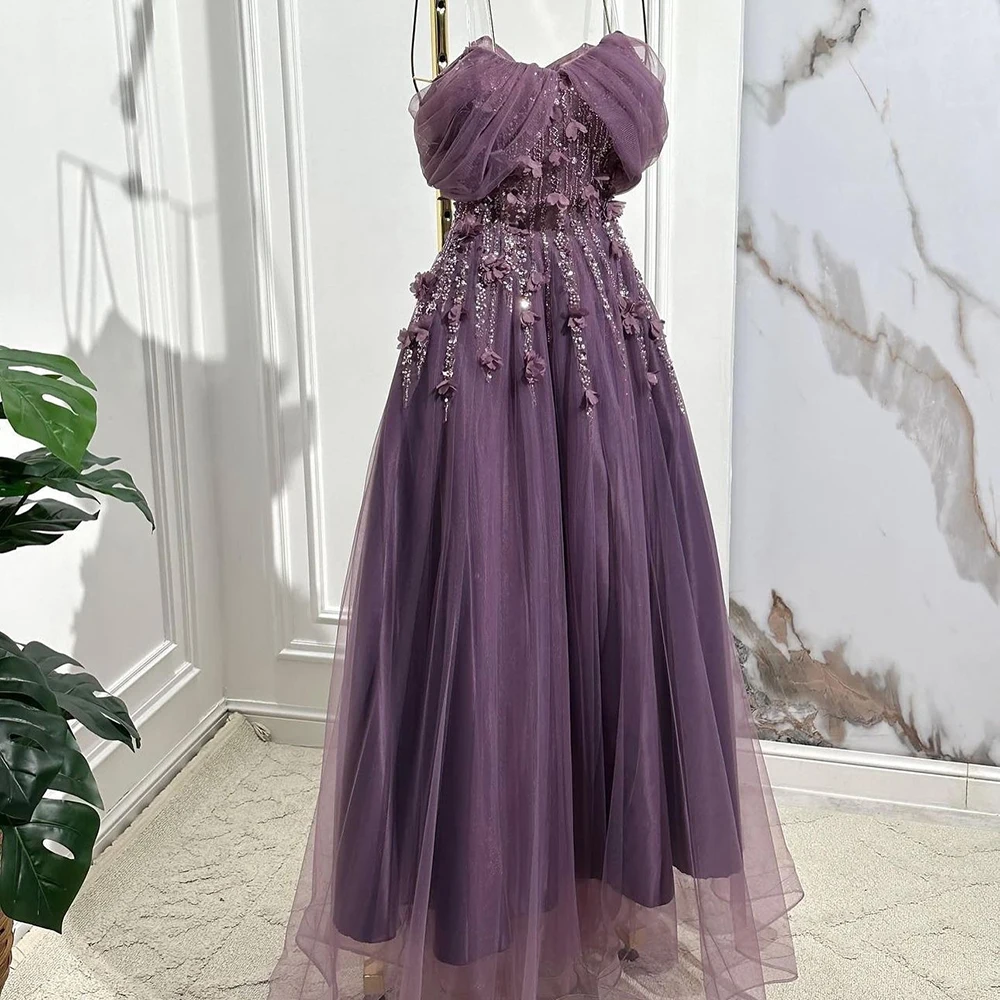 

Customized Purple Strapless A-line Tulle Evening Dress Off the Shoulder Flower Appliques Sequined Floor Length Party Prom Gown