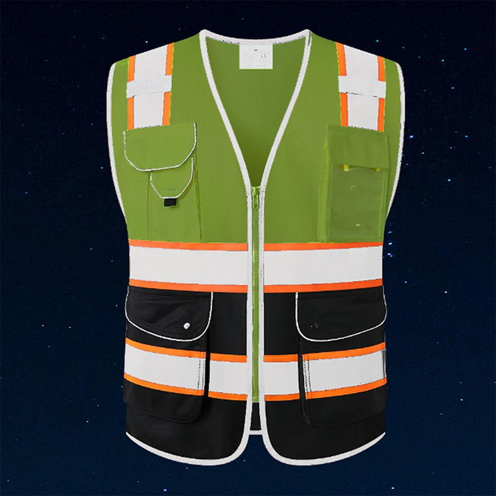 Black Workwear Vest with Front Pockets and Zipper Construction Uniforms Man