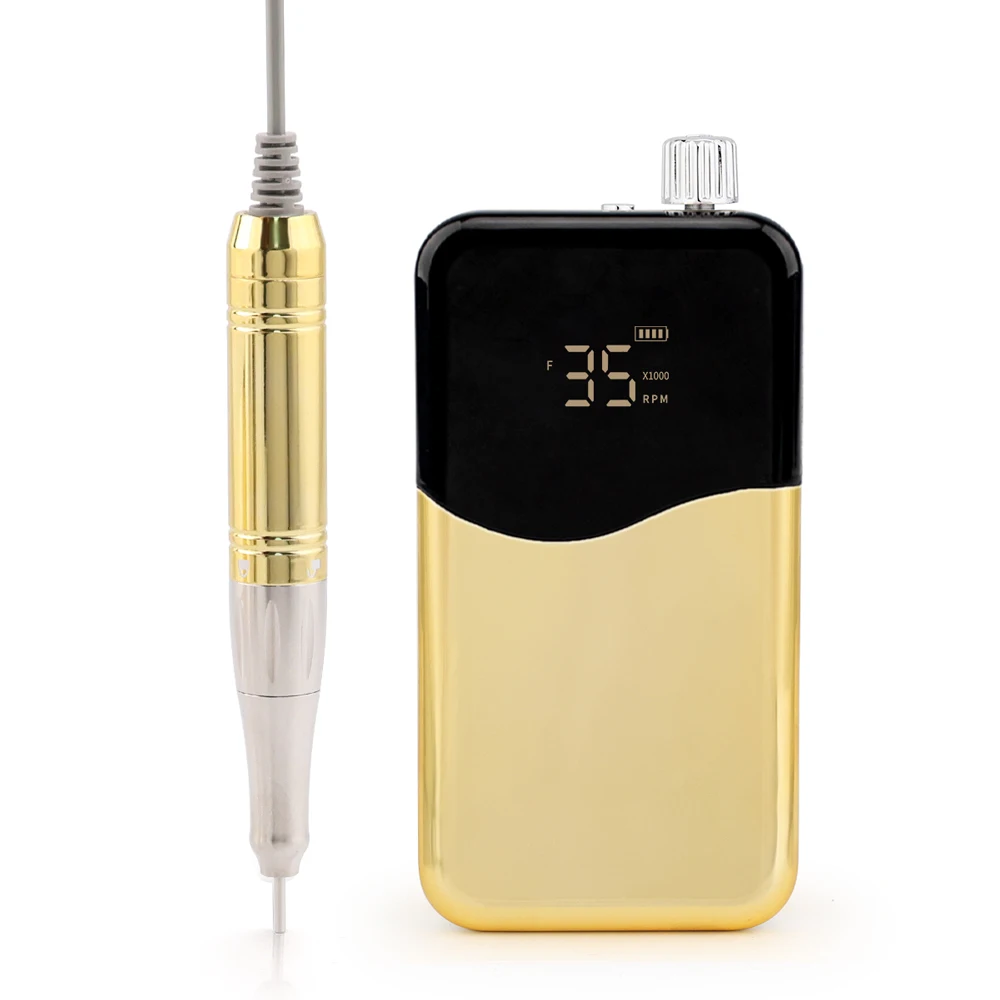 Fabrik tragbare Desktop-Nagelbohrmaschine in Metallic-Reivgoldfarbe mit 35.000 U/min, wiederaufladbar, kernlos, Motor-E-Datei für den Salongebrauch