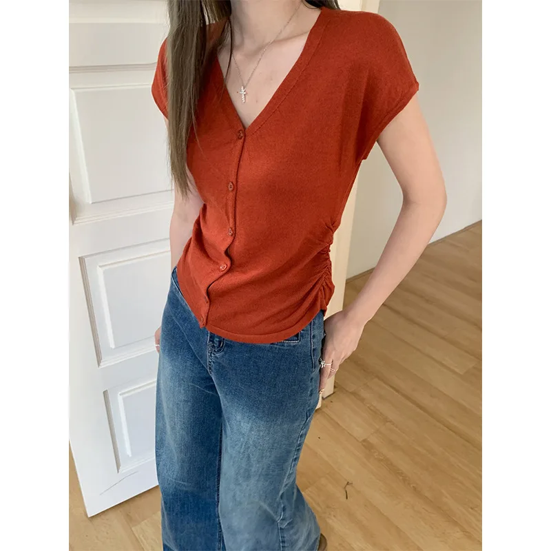 

New V-Neck Short Sleeved T-Shirt For Women In Summer, Slim Fit And Spicy Girl Design, Knitted Cardigan, Front Shoulder Style Top