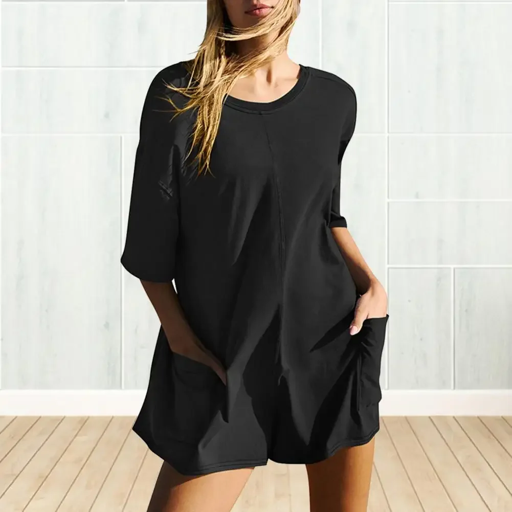 Loose Fit Women Romper Stylish Summer Women's Romper with Deep Crotch Big Pockets V-shaped Back Casual Daily Short for Comfort